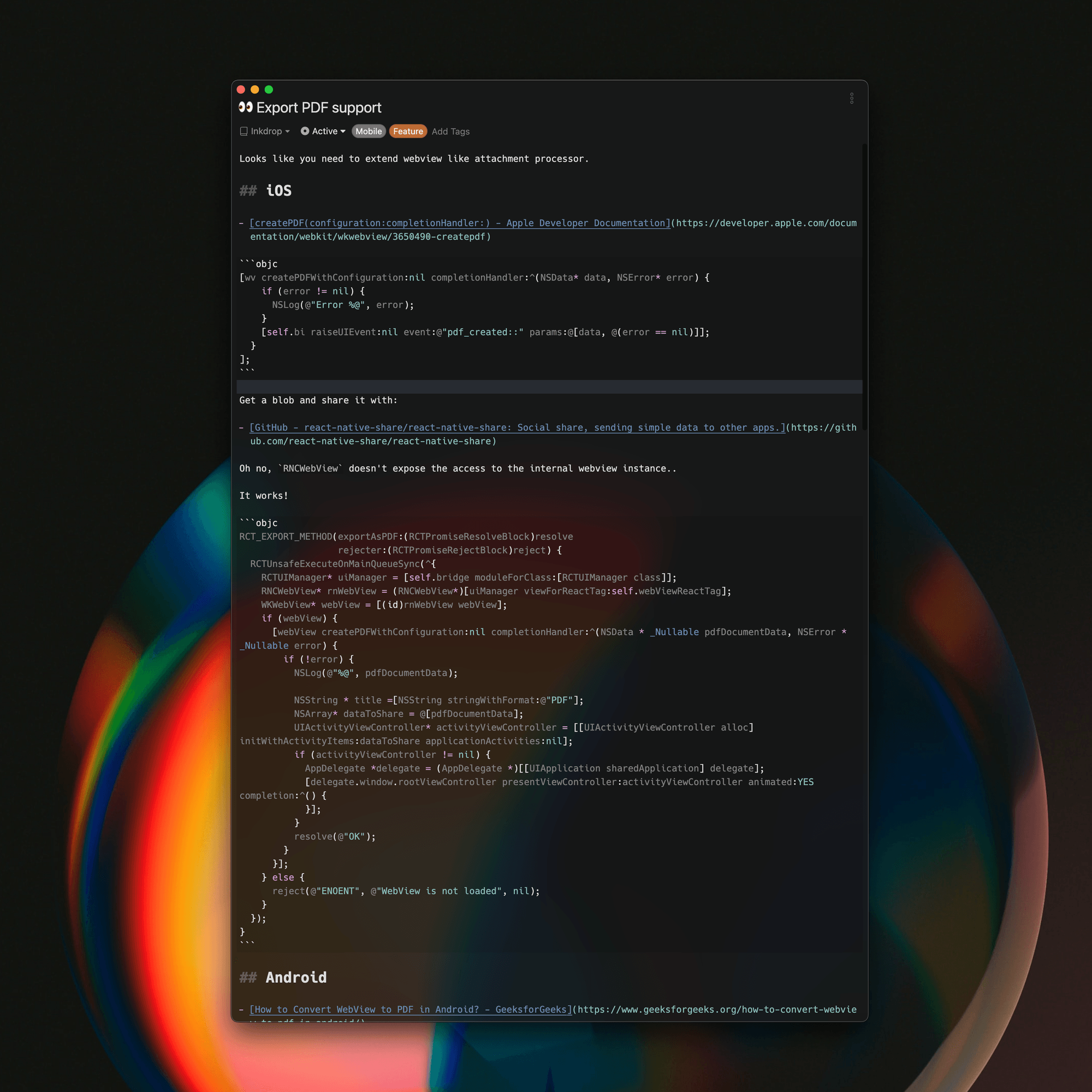 A note researching the PDF export feature