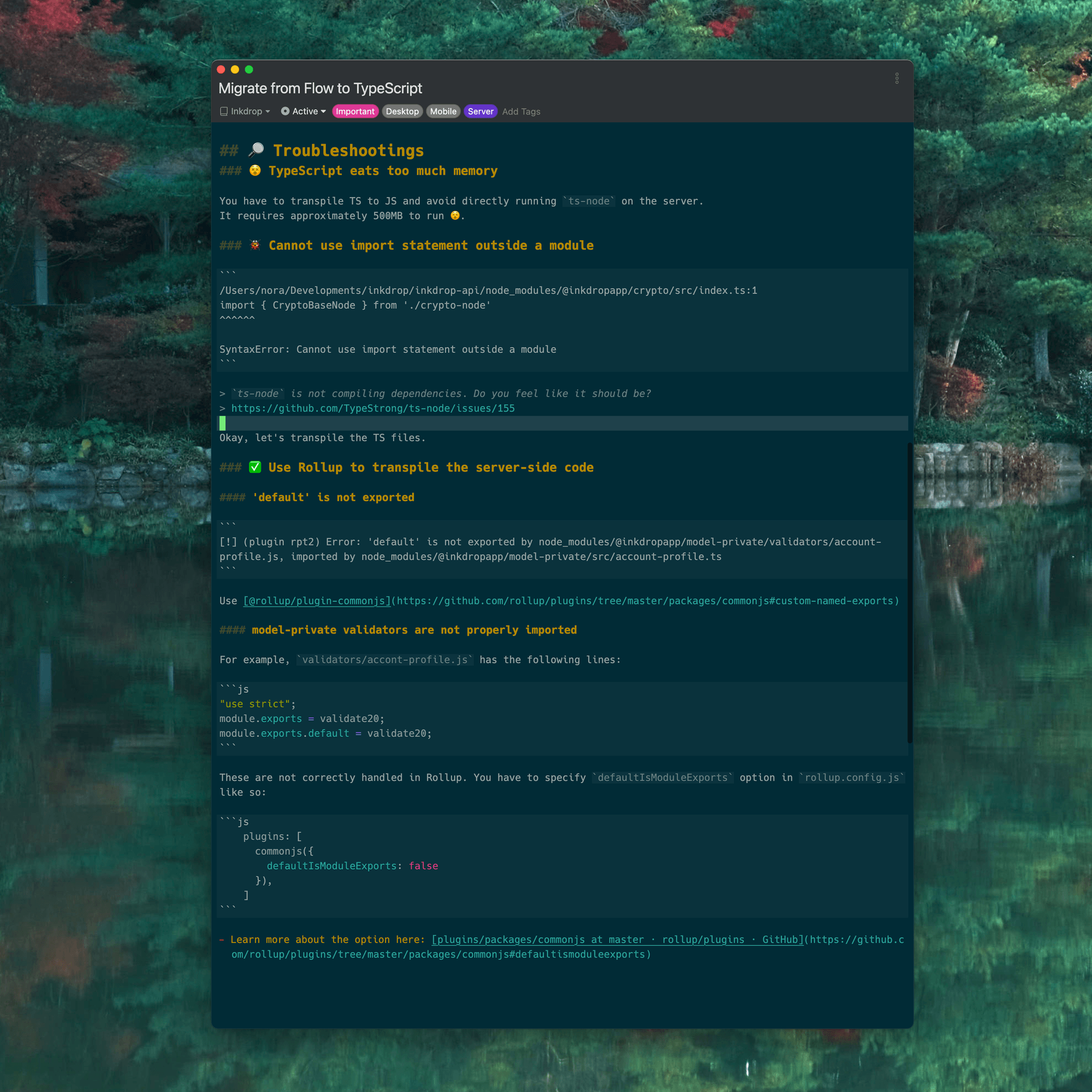 A note with reusable code snippets